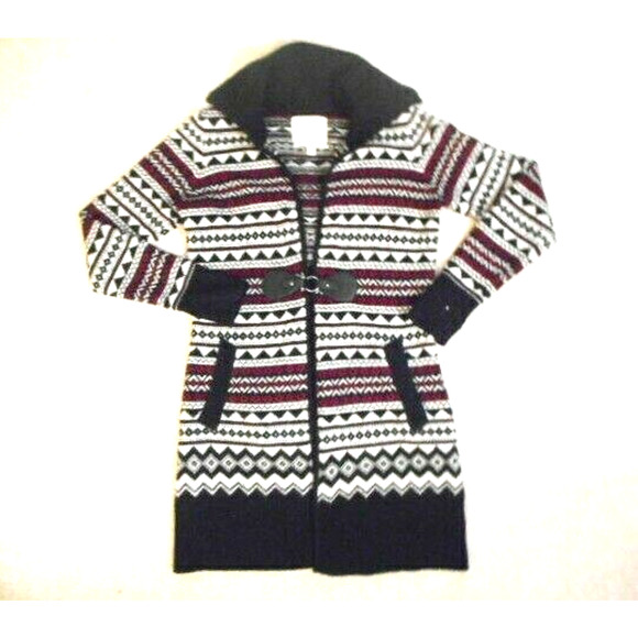 Womens Sweater-CAMBRIDGE-black/maroon/wht Nordic wool bld long buckle cardigan-S - Picture 1 of 5